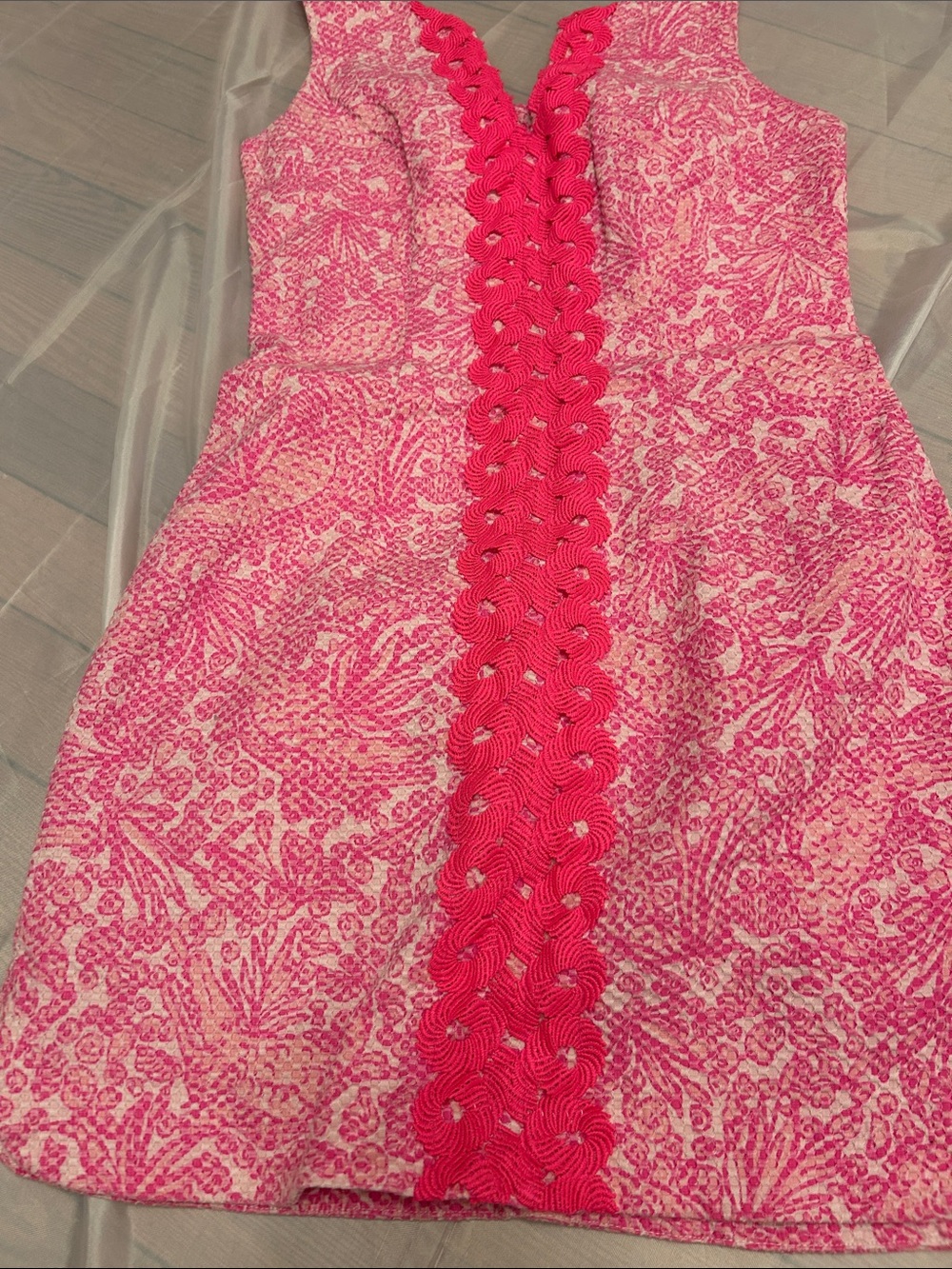 Pink Sleeveless Shift Dress with Red Braided Trim - Picture 6 of 8
